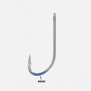 An illustration highlighting the bend of a fish hook 